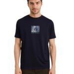 RARE RABBIT Men’s Ack Navy Logo Print Regular Fit Half Sleeve Crew Neck T-Shirt