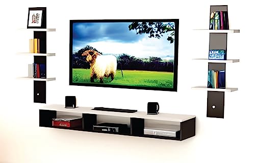 Dime Store Wooden Wall Mounted TV Unit for Living Room, TV Cabinet for Wall, TV Stand for Wall, TV Stand Unit Wall Shelf for Living Room, Set Top Box Stand (Large, White Shelves)