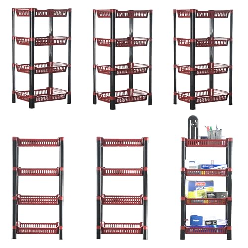 Urbane Home Pack of 6 Multipurpose Racks for Storage | 4-Tier Kids Toy Organizer/Under Wash Basin & Office Storage Cabinet & Shelves | Maroon