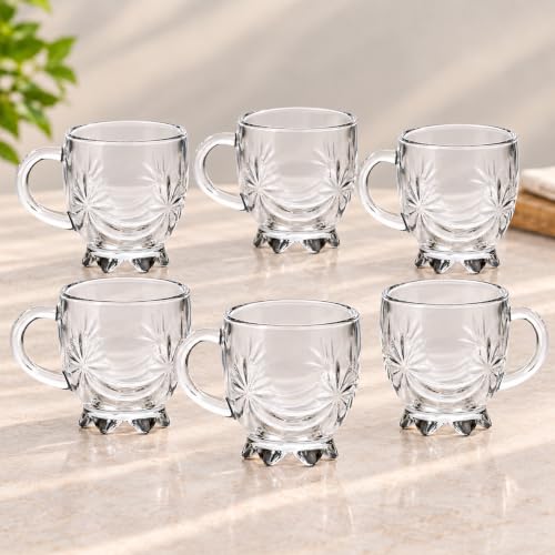 AFAST Clear Glass Tea Cup and Coffee Mug Set, Small Drinking Cups for Hot Beverages, Durable Transparent Cups, Pack of 6, 100 Ml, Size 7 X 9.5 X 7.5 Cm -A15