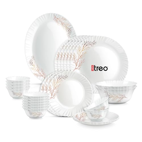 Treo by Milton Opalware Aurelia Silvia Dinner Set of 27 | Serving for 6 | Microwave & Dishwasher Safe | Bone-Ash Free | Tempered Toughness | Plates & Bowls | Crockery Set for Dining & Gifting | White