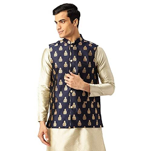 SOJANYA (Since 1958, Mens Silk Blend Navy Blue & Gold Self Design Nehru Jacket, Size: 40