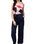 Zima Leto Women’s Geometric Print Sleeveless Jumpsuit – Navy Blue Tie-Waist Casual One-Piece for Office & Outings
