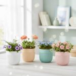 Xtore® 4 Pc Refined Minimal White Ceramic Planter Pot for Indoor Plants & Desk Styling | Compact Modern Tabletop Planter for Home, Office & Shelf Décor (Multicolor- Planters only)