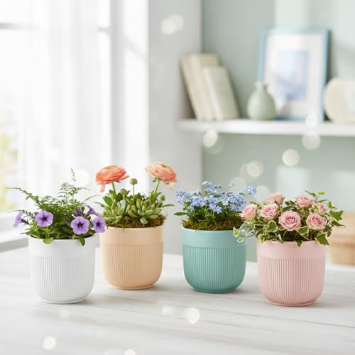 Xtore® 4 Pc Refined Minimal White Ceramic Planter Pot for Indoor Plants & Desk Styling | Compact Modern Tabletop Planter for Home, Office & Shelf Décor (Multicolor- Planters only)