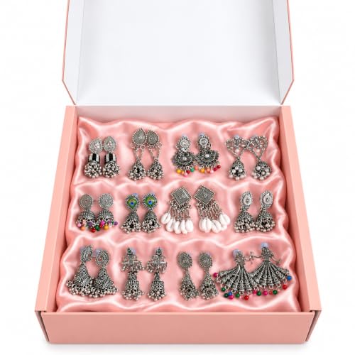 ZEVRA LUXURY Oxidised Desi-Vibes-jumka Earrings Combo Set for Women & Girls | 12 Pairs Traditional Boho Ethnic Earrings | Multicolour Beads & Pearl Drop Earrings | Indian Jewellery for Festive, Navratri & Ethnic Wear