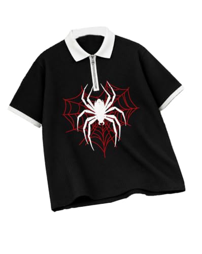 AUSK Men’s Spider Graphic Printed Polo T-Shirt | Cotton Blend Textured Regular Fit Half Sleeve Zip Polo Neck Casual T-Shirt for Men Black