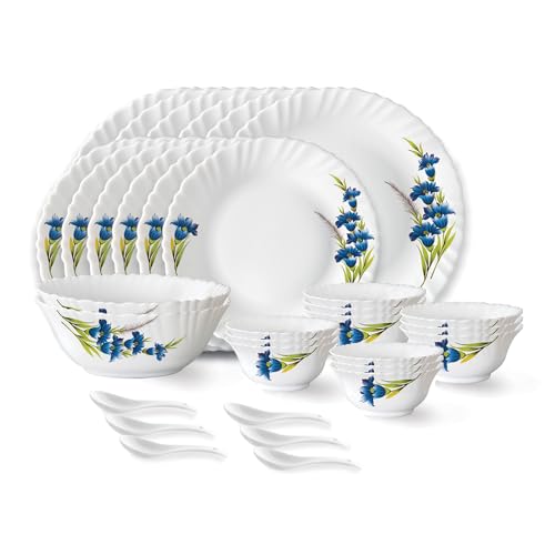 Larah by Borosil Nina Fluted Series Opalware Dinner Set | 33 Pieces for Family of 6 | Microwave & Dishwasher Safe | Bone-Ash Free | Crockery Set for Dining & Gifting | Plates & Bowls | White