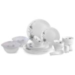 Cello Opalware Dazzle Series Florid Vine Dinner Set | Microwave & Dishwasher Safe | Light-Weight & Thermal Resistant | Crockery Set for Dining & Gifting | Set of 37, White