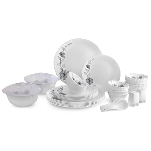 Cello Opalware Dazzle Series Florid Vine Dinner Set | Microwave & Dishwasher Safe | Light-Weight & Thermal Resistant | Crockery Set for Dining & Gifting | Set of 37, White