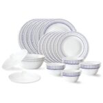 Larah by Borosil Jazzblue Fluted Series Opalware Dinner Set | 28 Pieces for Family of 6 | Microwave & Dishwasher Safe | Bone-Ash Free | Crockery Set for Dining & Gifting | Plates & Bowls | White