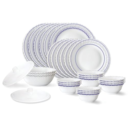 Larah by Borosil Jazzblue Fluted Series Opalware Dinner Set | 28 Pieces for Family of 6 | Microwave & Dishwasher Safe | Bone-Ash Free | Crockery Set for Dining & Gifting | Plates & Bowls | White