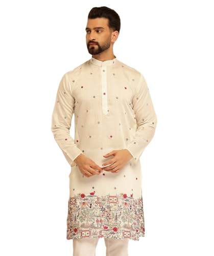 SOJANYA (Since 1958 Men’s Cotton Silk Daman Embroidered White Long Kurta