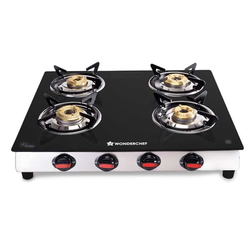 Wonderchef Galaxy 4 Burner Cooktop | 2 Medium, 2 Small Wide Spaced Burners | Highly Efficient Tri-pin Brass Burners | Precise Flame Control | BIS Approved 6mm Toughened Glass Top | 2 Year Warranty