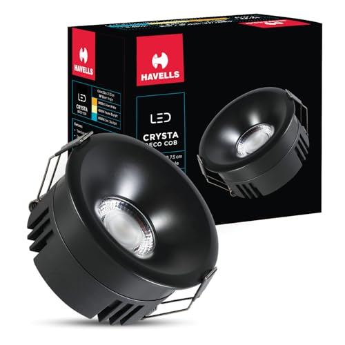 Havells Crysta Deco Cob 12W 6K Matt Black,Led-Spotlights,Energy Efficient,Long Life of 25000 Burning Hours,Beam Angle of 36°,Metal Body Cob with Independent Driver,Cool Daylight (6500K)