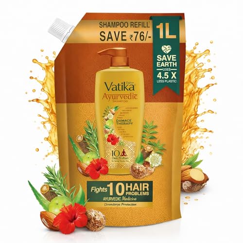 Dabur Vatika Ayurvedic Shampoo Refill Pouch â 1 L | Damage Therapy | Power of 10 Ingredients for Solving 10 Hair Problems | No Parabens | For All Hair Types