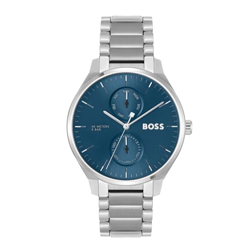 BOSS Tyler Qtz Multifunction Blue Sunray Round Dial Men’s Watch|Stainless Steel Material|Silver Color Band – 1514106