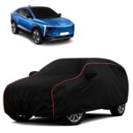 Sulfar 100% Water Resistant Car Body Cover Compatible with Mirror for Mahindra XEV 9e (Triple Stitched, Full Bottom Elastic, Black with Red Piping)