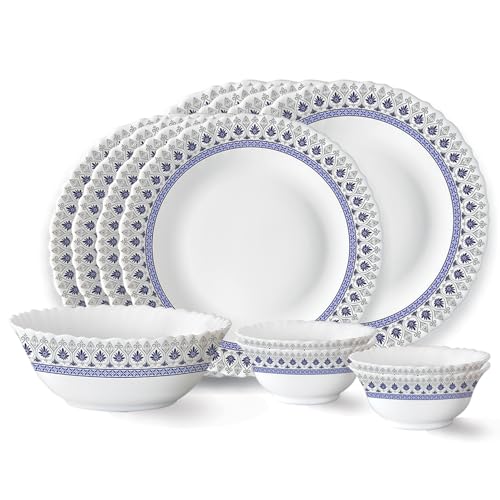 Larah by Borosil Ocean Fluted Series Opalware Dinner Set | 13 Pieces for Family of 4 | Microwave & Dishwasher Safe | Bone-Ash Free | Crockery Set for Dining & Gifting | Plates & Bowls | White