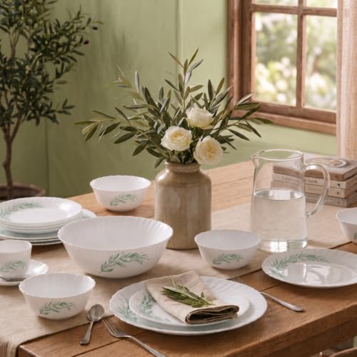 La Opala Classique Opalware Dinner Set, 53 Pcs, Family of 8, Olive Trails