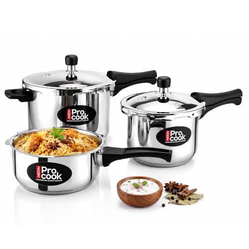 Milton Pro Cook 3-Layer Thick Triply Bottom I Induction & Gas Stove Friendly Stainless Steel Pressure Cooker Combo Set 2, 3, 5 Litre Capacity | Outer Lid | Sandwich Bottom Cookware Set | 5Y Warranty