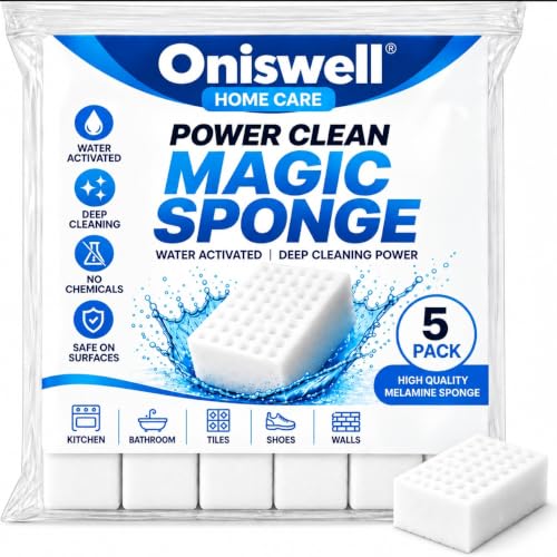 ONISWELL Magic Eraser Cleaning Sponge Pack of 5 | No-Scratch Multi-Surface Sponge | Removes Tough Stains, Dirt & Marks | Just Add Water | for Walls, Kitchen, Bathroom, Shoes & Switch Boards