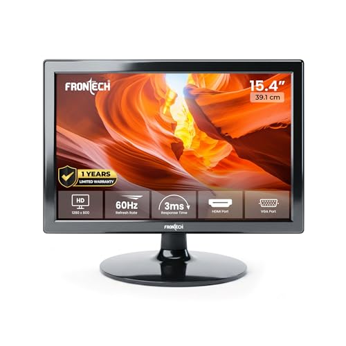FRONTECH 15.4 Inch HD LED Monitor, Refresh Rate 60 Hz,1280 x 800 Pixels, Wall Mountable Slim Stylish Design with 16.7M Colors, HDMI & VGA Ports, Built-in Power Supply (MON-0068,Black)