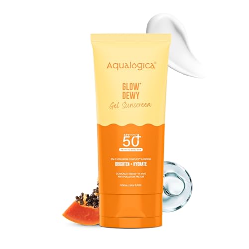 Aqualogica Glow+ Dewy Gel Sunscreen – 80 g | SPF 50+ PA++++ | In-Vivo Tested | New-age Filters | 12-Hour* Sun Protection | Tan Protection | For Bright & Hydrated Skin | Fragrance-Free & No White Cast | C-Hyaluron Complex™ & Papaya | Broad Spectrum UVA/B & Blue Light Protection | Lightweight | For Men & Women
