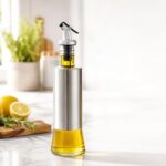 HomeWiz Glass Oil Dispenser for Kitchen 500ml – Stainless Steel Sleeve Bottle with Anti-Drip Spout & Flip Lever | Leak-Proof Pourer for Cooking Oil, Olive, Mustard, Vinegar & Soy Sauce | Round