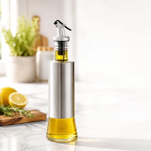 HomeWiz Glass Oil Dispenser for Kitchen 500ml – Stainless Steel Sleeve Bottle with Anti-Drip Spout & Flip Lever | Leak-Proof Pourer for Cooking Oil, Olive, Mustard, Vinegar & Soy Sauce | Round