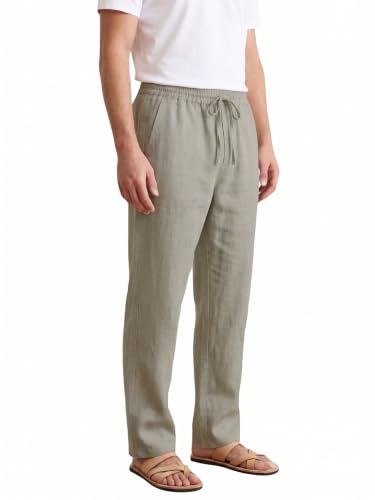 TAGDO Cotton Linen Pants for Man | Lightweight & Breathable Fabric | Elastic with Drawstring | Straight Fit & One Side Zip Pocket | Casual, Holidays, Travel & Everyday Wear (2076-Cream-34)