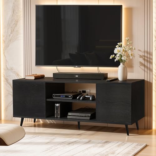 ABOUT SPACE TV Unit – Engineered Wooden TV Stand Table with Bottom Open Storage, Adjustable Shelves & 2 Closed Cabinets for Set Top Box WiFi Router Stand (Black Mahogany – L 136 x B 40.5 x H 53 cm)