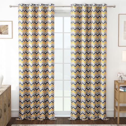 MollisHomes Door Curtains 7 Feet Pack of 2, Chevron, Yellow & Grey