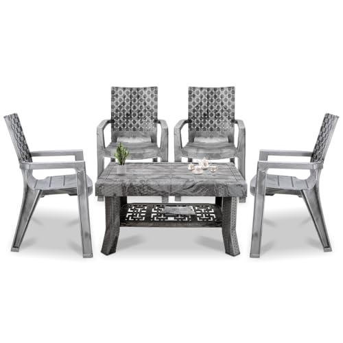 MAHARAJA Luxury Plastic Armchair & Table Set | Heavy-Duty & Sleek Design for Every Space (Silver, 4 Chair+1 Table)