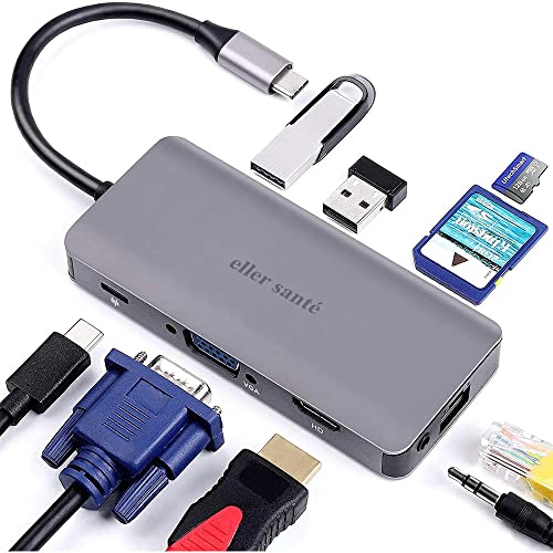 eller santé® USB C Hub Hyperion 9IN1 Type C Hub, 4K HDMI Output, USB 3.0, SD/Micro SD Card Reader, VGA, Ethernet & Audio Jack for MacBook Pro, MacBook Air, and Other Type-C Enabled Device (Grey)