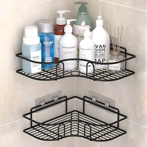 Homeor Multipurpose Self Adhesive Corner Shelf for Bathroom/Kitchen Wall Mounted Rack Shelf Shower Caddy with Magic Sticker Bathroom Organizer Without Drill, Pack of 2, Black Powder Coated