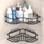 Homeor Multipurpose Self Adhesive Corner Shelf for Bathroom/Kitchen Wall Mounted Rack Shelf Shower Caddy with Magic Sticker Bathroom Organizer Without Drill, Pack of 2, Black Powder Coated
