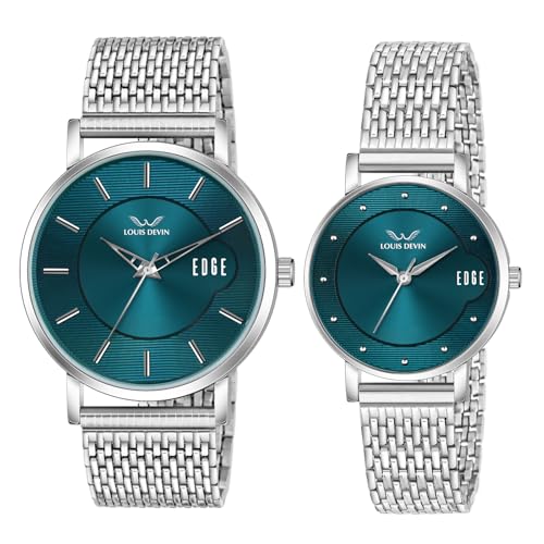 LOUIS DEVIN Stainless Steel Chain Analog Wrist Watch for Men and Women (Blue Dial) | Set of 2 Wrist Watches | Couple Watches | LDCM-WT092-BLU-CH