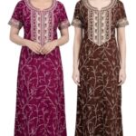E – Ezra Embroidery Nighty for Women Pure Cotton Combo Pack of 2 | Free Size Gown for Women Cotton Nighties for Women Stylish Night Dress | Maxi Sleepwear Maroon & Purple