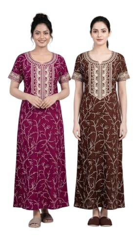 E – Ezra Embroidery Nighty for Women Pure Cotton Combo Pack of 2 | Free Size Gown for Women Cotton Nighties for Women Stylish Night Dress | Maxi Sleepwear Maroon & Purple