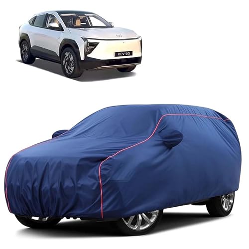 Sulfar 100% Water Resistant Car Body Cover Compatible with Mirror for Mahindra XEV 9e (Triple Stitched, Full Bottom Elastic, Blue Tafetta with Red Piping)