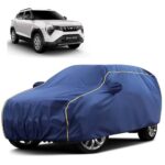 Sulfar 100% Water Resistant Car Body Cover Compatible with Mirror for Mahindra XUV 3XO (Triple Stitched, Full Bottom Elastic, Blue Tafetta with Yellow Piping)