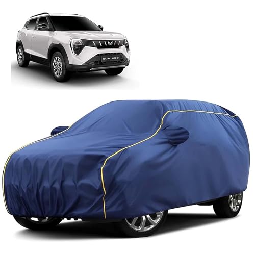 Sulfar 100% Water Resistant Car Body Cover Compatible with Mirror for Mahindra XUV 3XO (Triple Stitched, Full Bottom Elastic, Blue Tafetta with Yellow Piping)