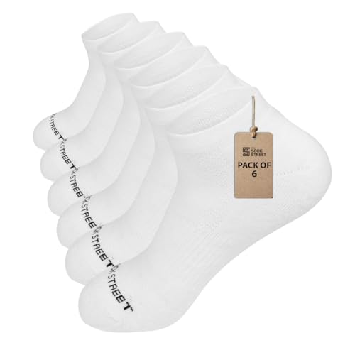 The Sock Street, Sports Ankle Socks for Men, Combo Pack, Terry Cushioned Low Cut, Cotton, Gym, Running & Athletic, Odour-Free & Breathable, No Shrinkage, UK Size 6-11, White, Pack of 6