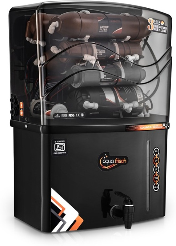 Aqua Frisch H2O | Needs No Service For 2 Years| 15 L RO + UV + Copper + Alkaline + Minerals Water Purifier(Black)