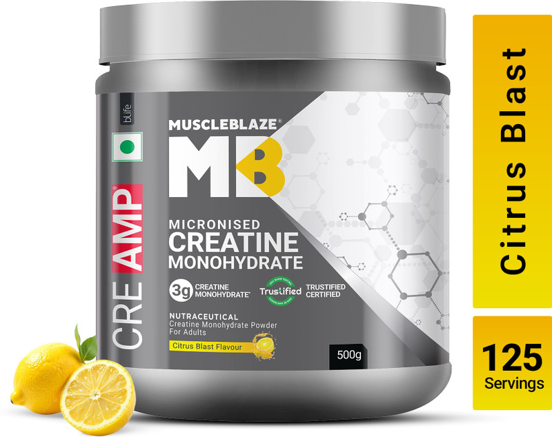 MUSCLEBLAZE Micronised Creatine Monohydrate CreAMP Powder, Trustified Certified Creatine(500 g, Citrus Blast)
