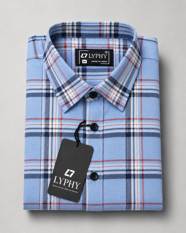 Lyphy Men Checkered Casual Light Blue, Red Shirt