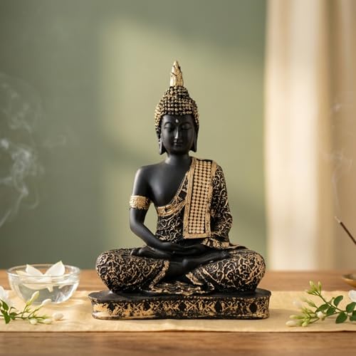 eCraftIndia Black Golden Resin Handcrafted Meditating Lord Buddha Idol for Home Decor | Gautam Buddha Statue for Living Room Office Meditation Yoga Spaces| Gift for Diwali Buddha Purnima Housewarming