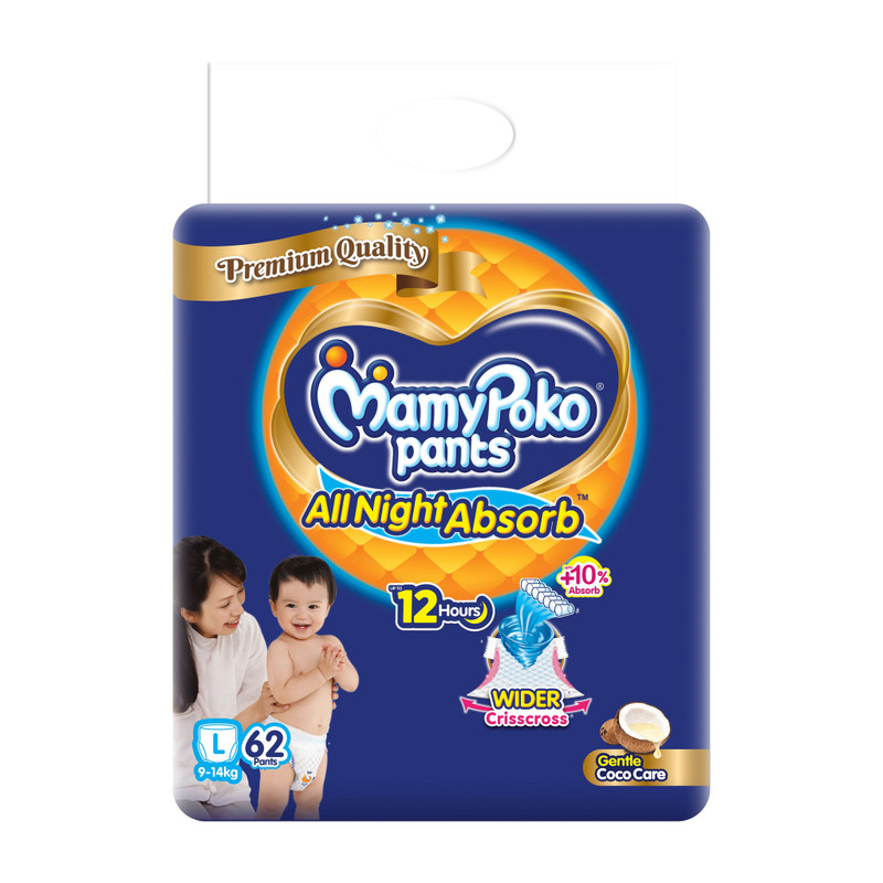 MamyPoko All Night Absorb, Coco Care Pant Diapers – L(62 Pieces)