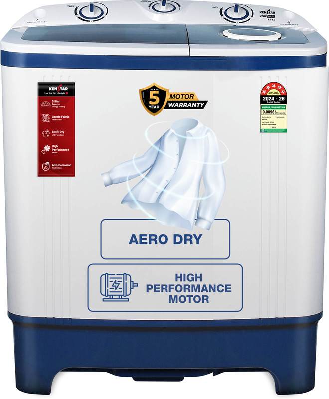 Kenstar 6.5 kg 5Star Rated Energy Efficient Motor With 1350RPM, Aero Dry Function , Magic Lint Filter Semi Automatic Top Load Washing Machine Blue, White(KSSA655NNNDB)